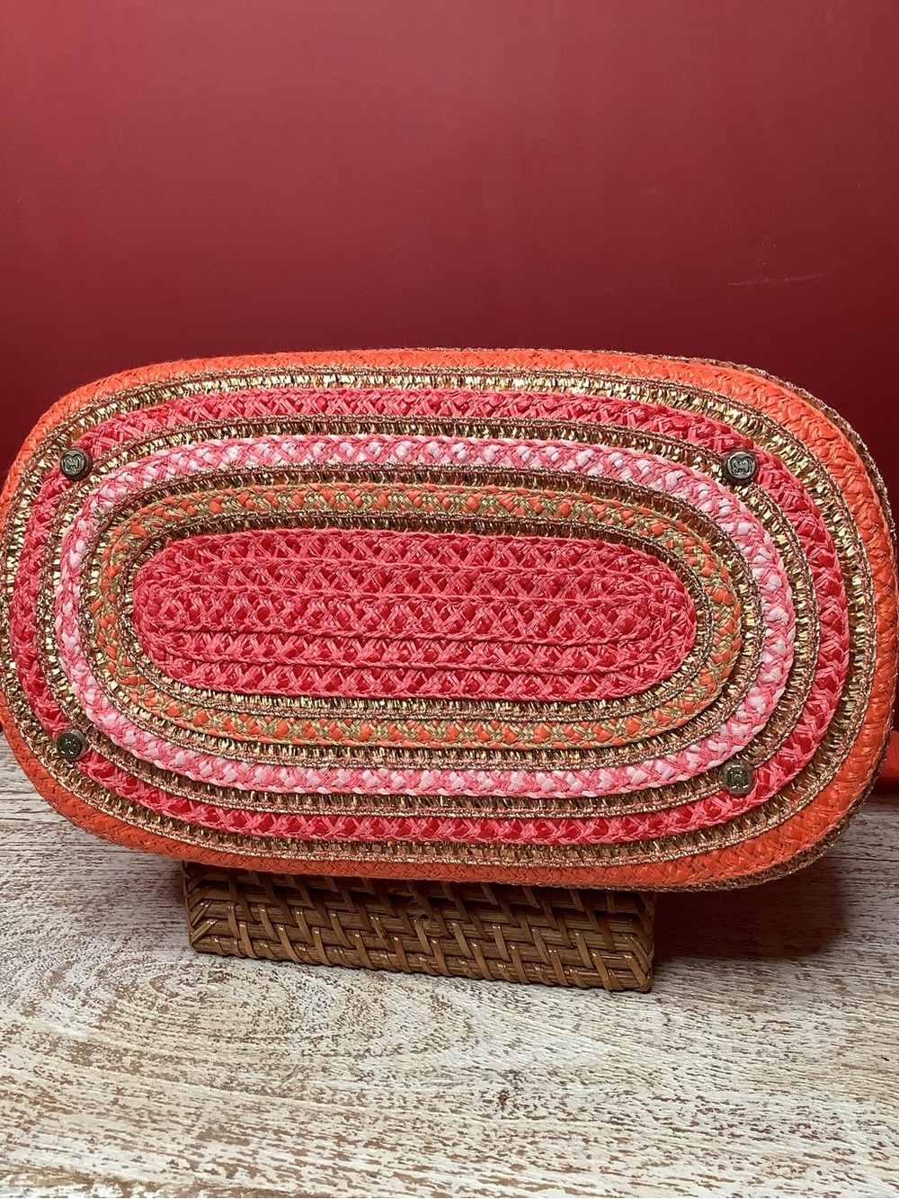 Eric Javits LEILA Coral Pink Striped Woven Satchel Crossbody Bamboo Handle Bag - Picture 11 of 16